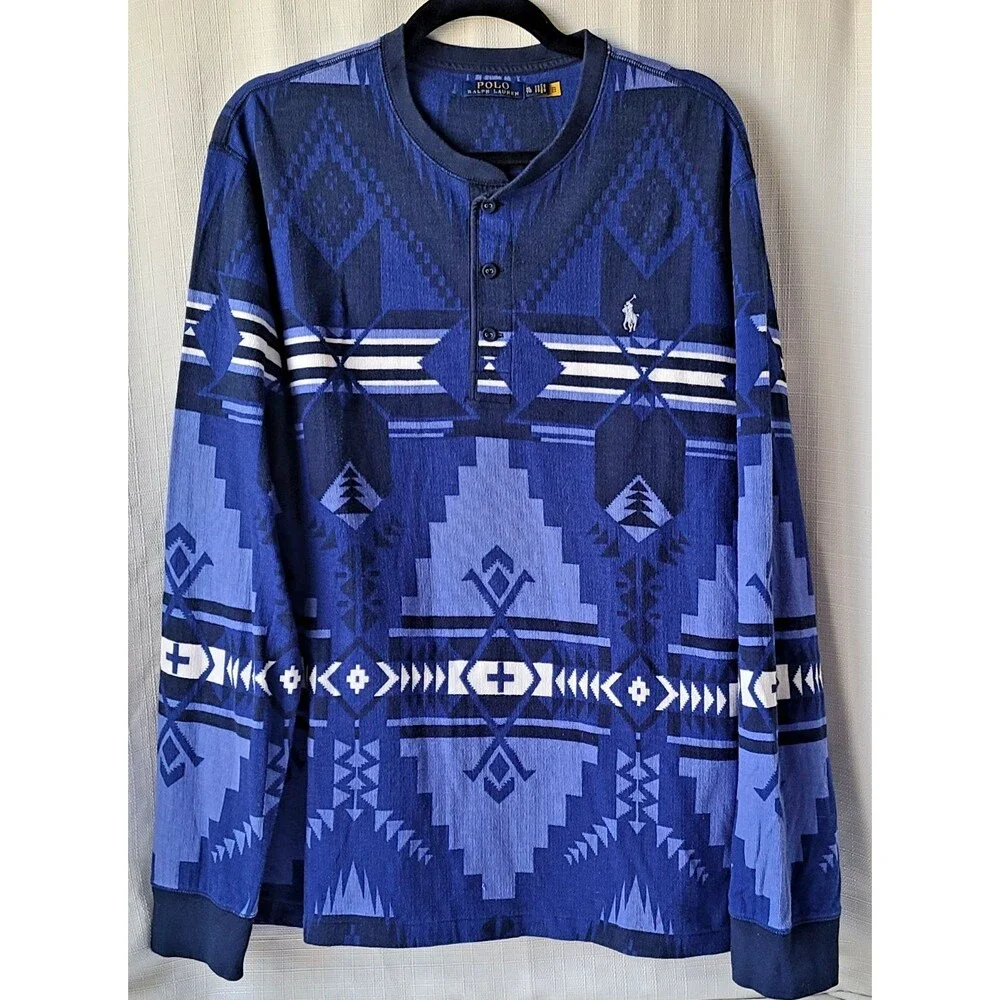 Polo Ralph Lauren XL Southwestern Aztec Henley Shirt Blue Long Sleeve Cotton